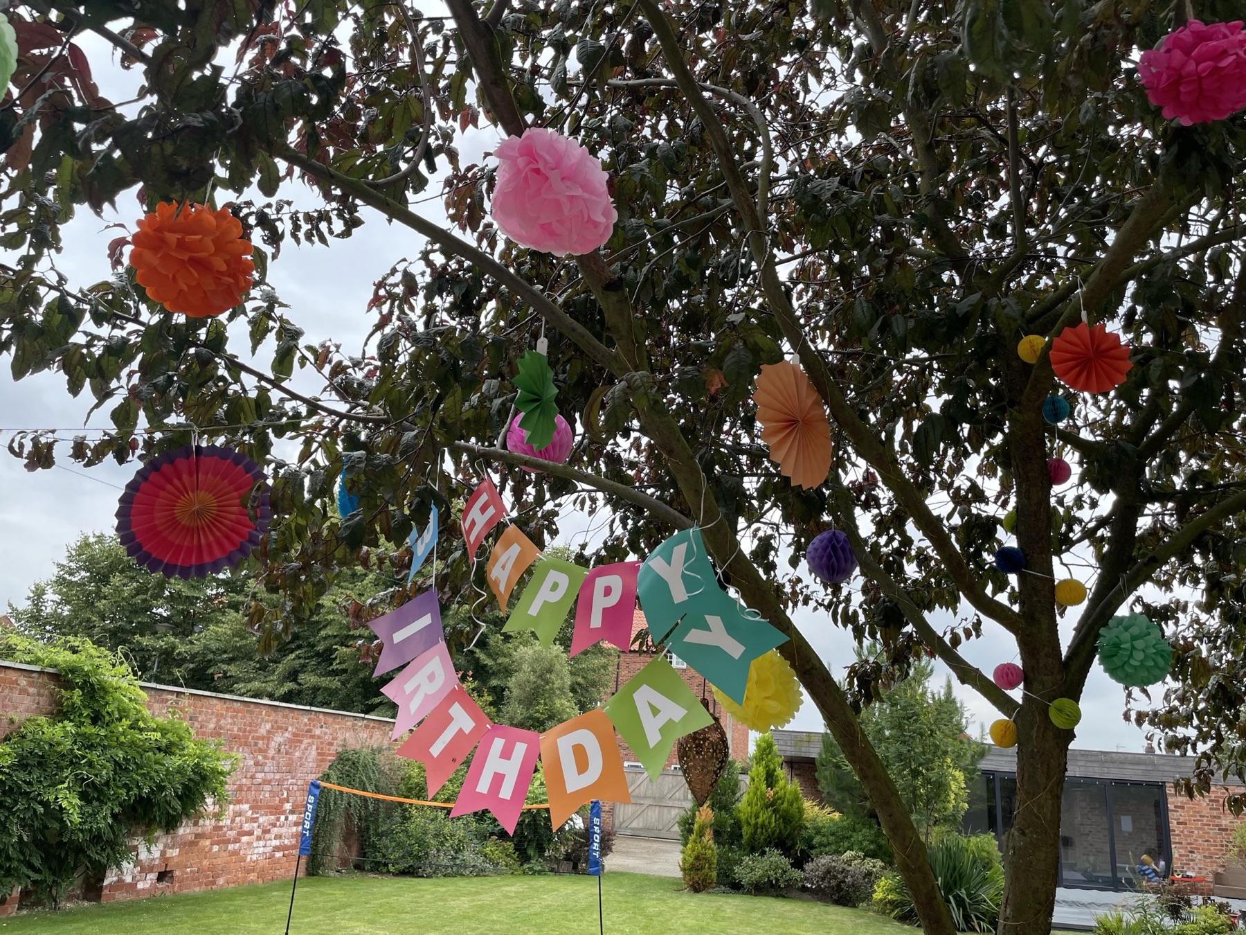 Happy birthday banners in the copper beech