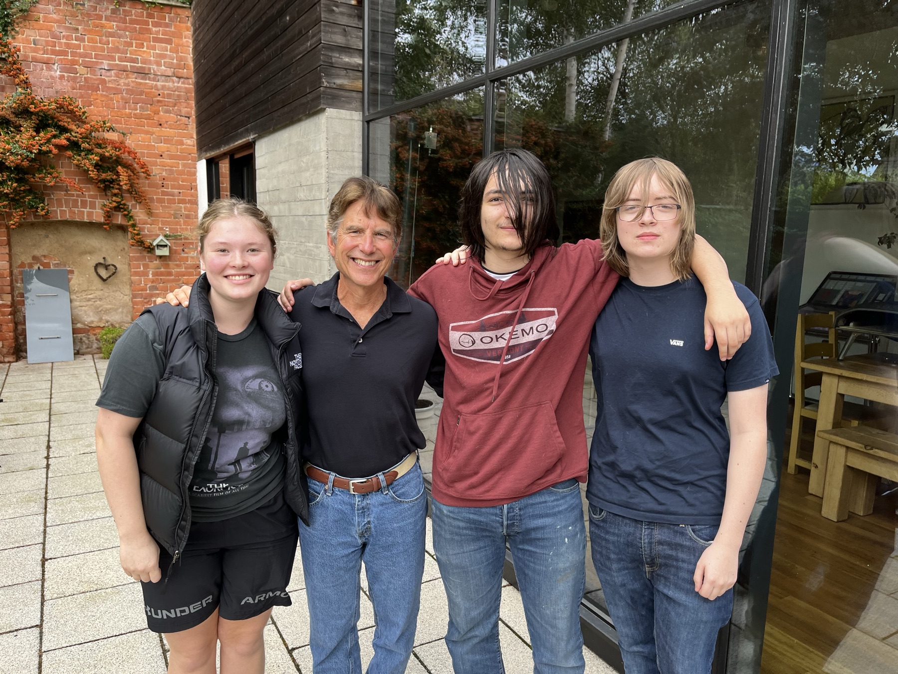 Gwyn, Jac, Dylan and a friend on the patio