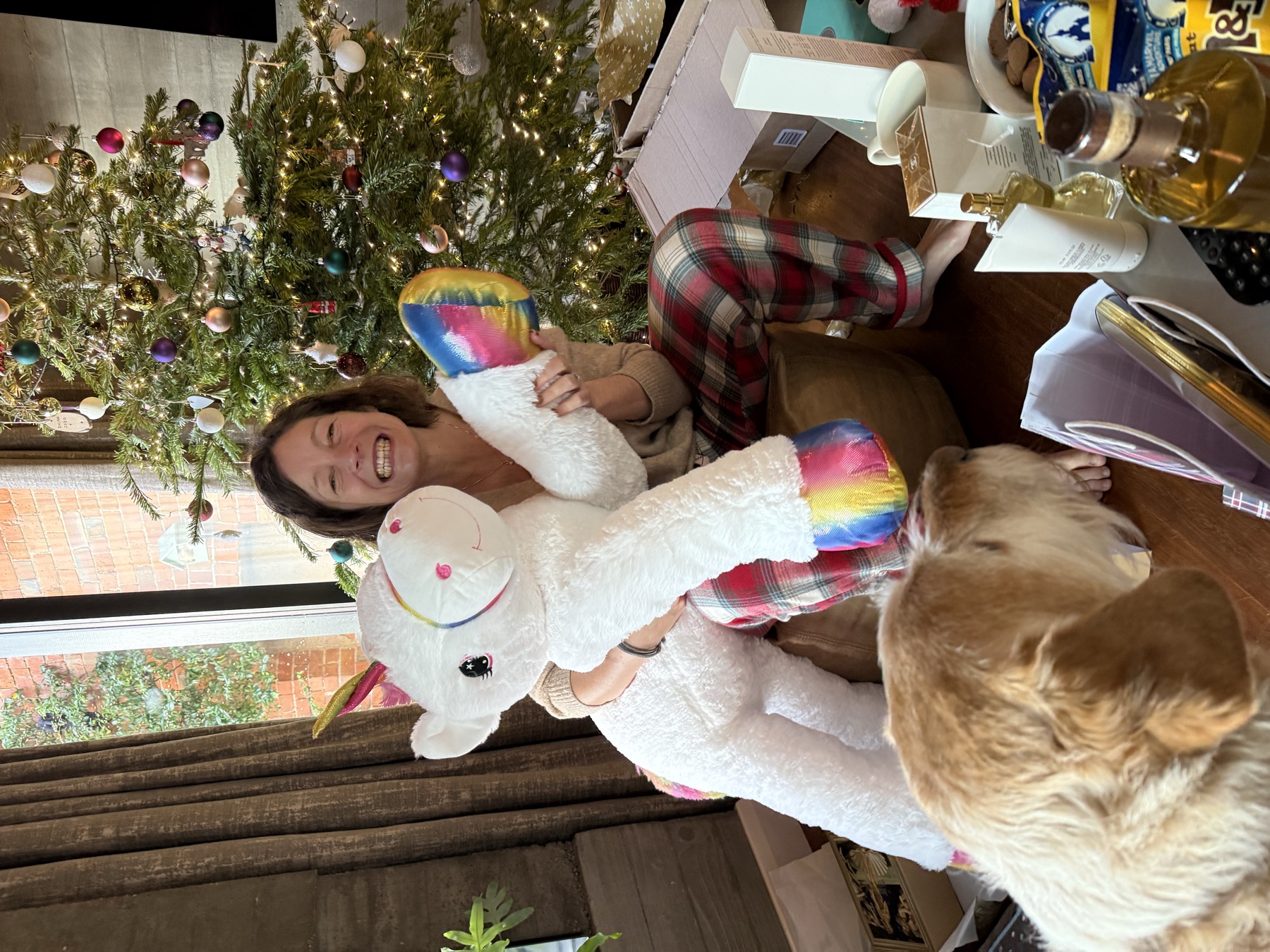 Kate on Christmas morning with a giant unicorn